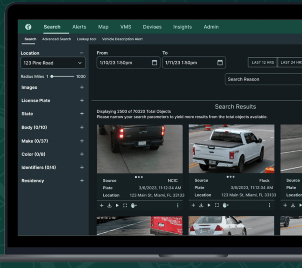 A photo gallery of captured car images is shown on Flock Safety's client program