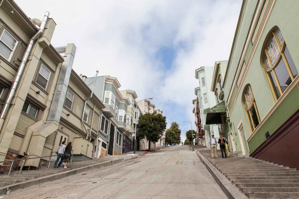 An upward view of Rise Street in San Francisco one of the steepest streets in the country