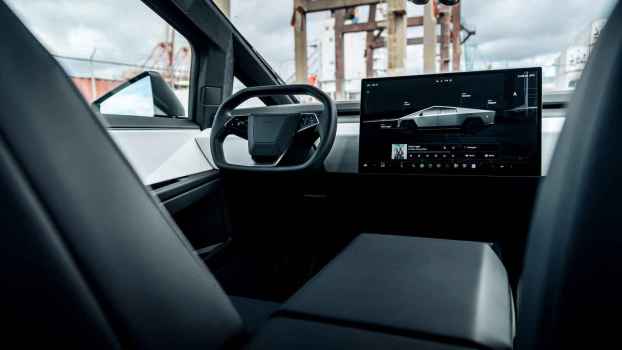 Tesla Cybertruck front interior view from the back passenger area