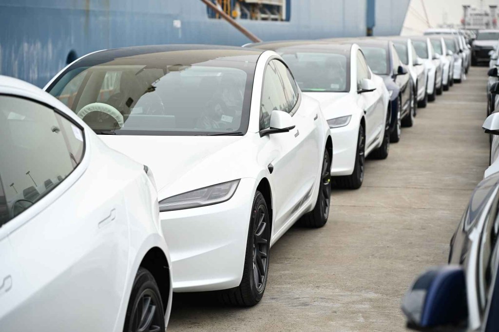 A line of white Tesla Model 3 electric cars sits at shipyard next to a freighter