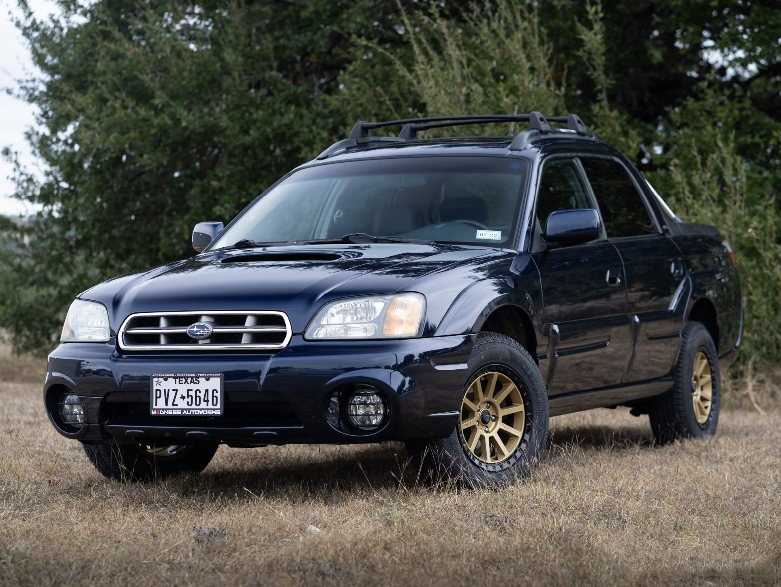 The 2004 Subaru Baja parked in tall grass 