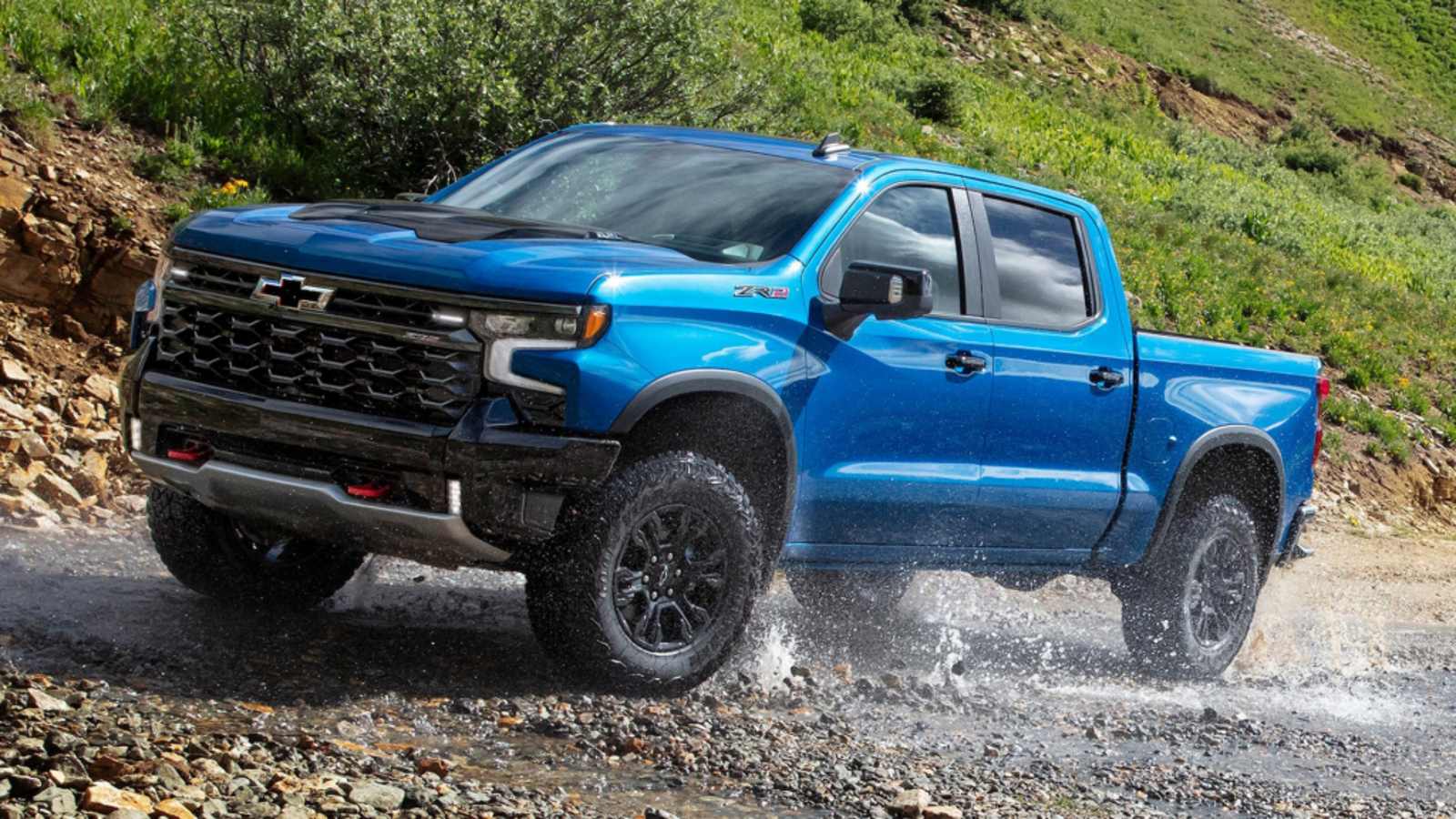 Blue 2024 Chevrolet Silverado 1500 Riding on a creek bed