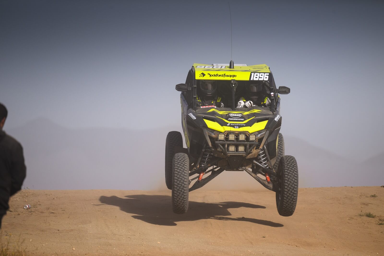 Brock Heger jumps his Polaris RZR Pro R Factory on race day.