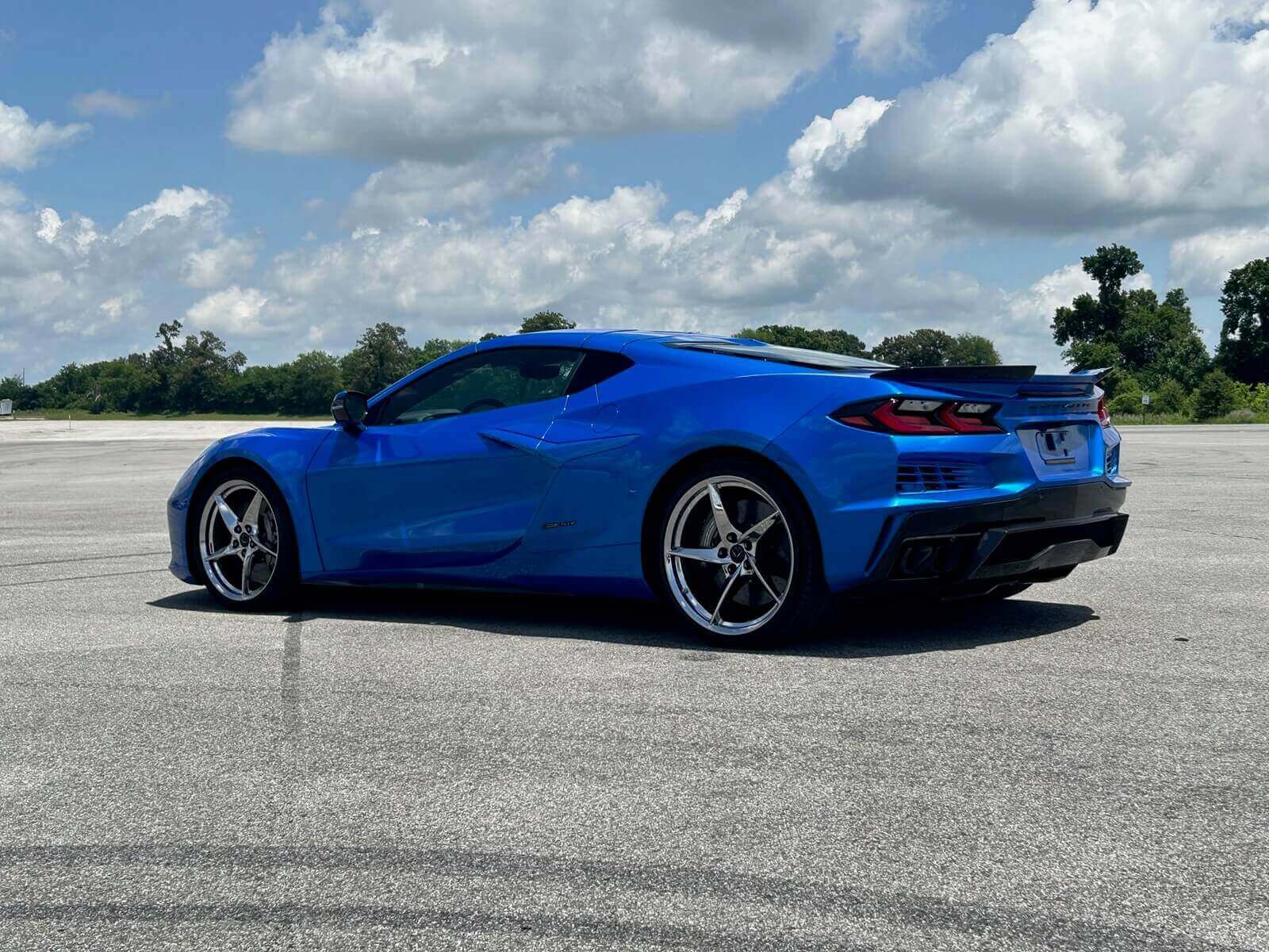 A Riptide Blue Chevrolet Corvette E-Ray at the National Corvette Museum Motorsports Park. 