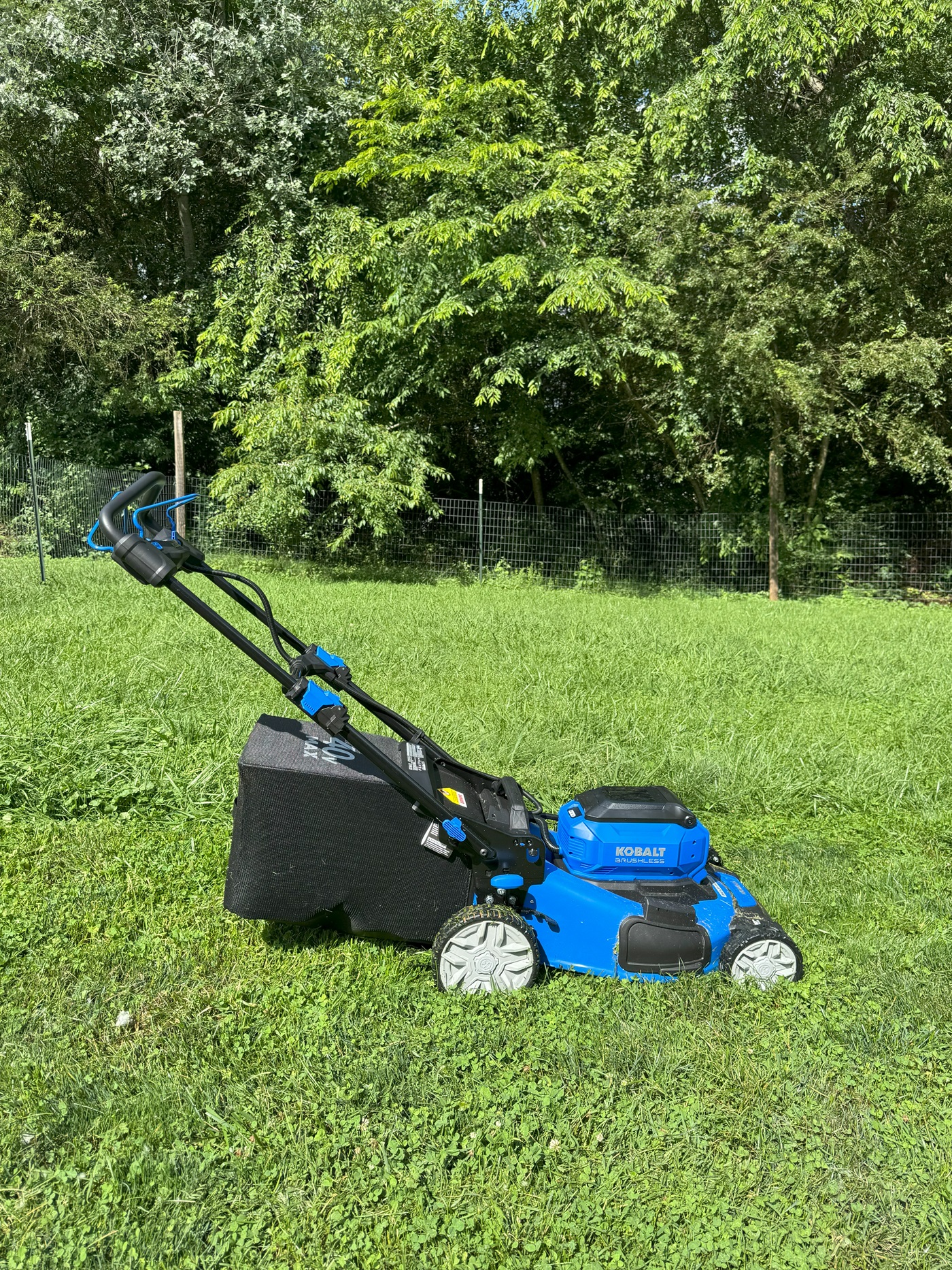 A Kobalt electric lawn mower sitting in grass