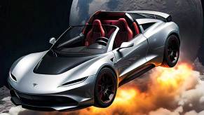 Silver Tesla Roadster uses SpaceX boosters to fly past the moon, the earth visible in the background.