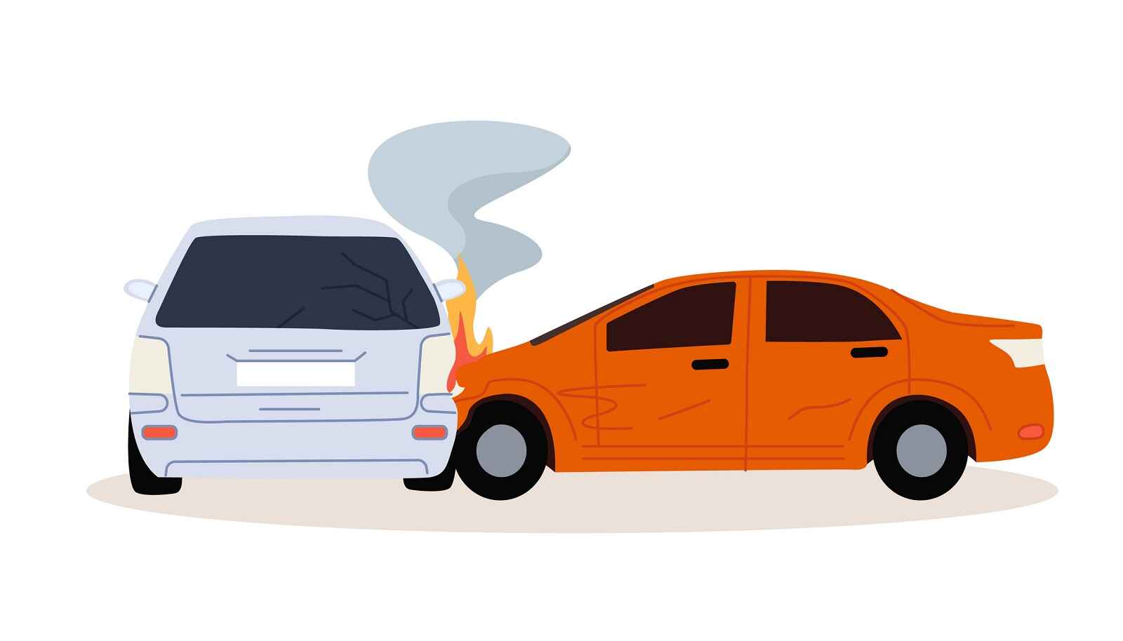 An illustration of a red car t-boning a light blue vehicle with flames coming from red car's hood possible road rage incident