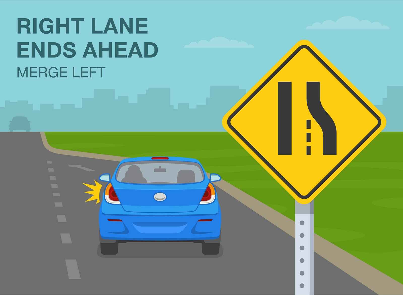 An infographic showing a right lane ends merge left sign with blue car