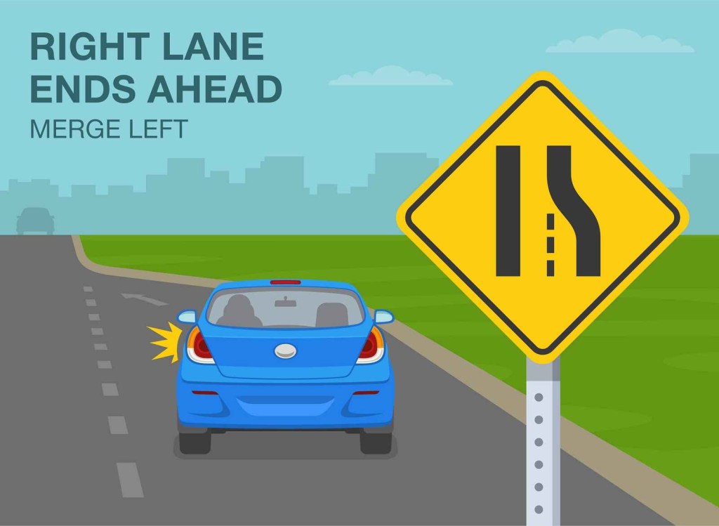 An infographic showing a right lane ends merge left sign with blue car