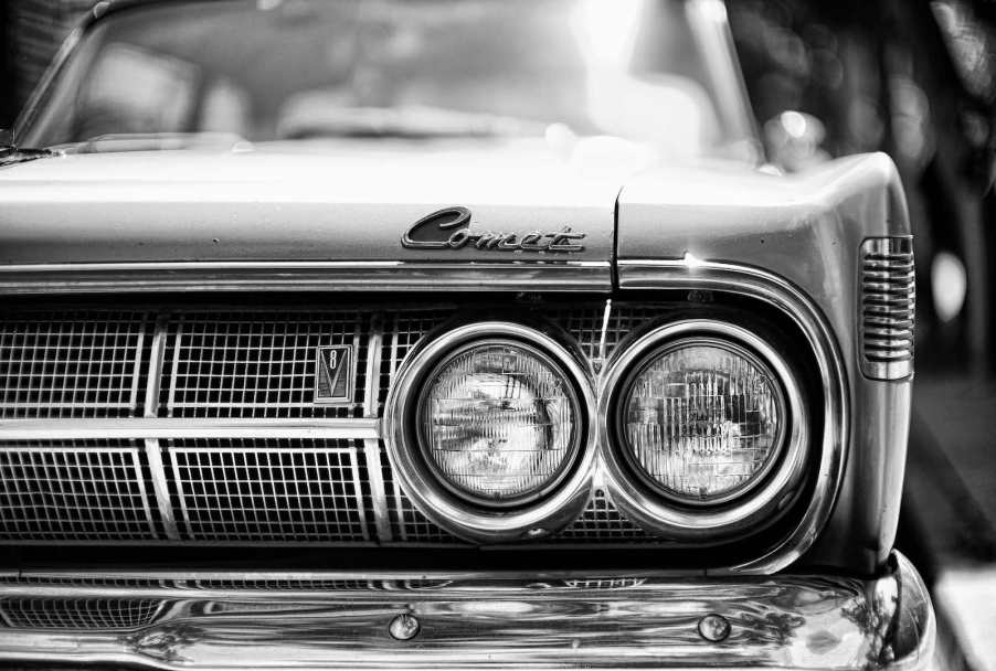 Closeup of the grille and headlights of a 1964 Mercury Comet classic car