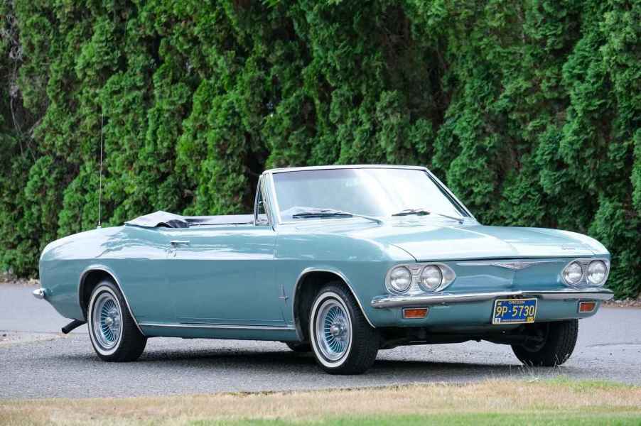 A vintage blue Chevy Corvair convertible similar to the model Burger King used to stage a car fire for a 2018 commercial
