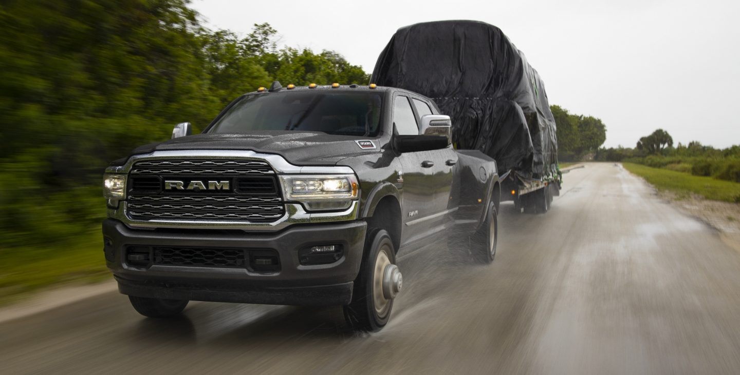 Ram truck trailering on a wet road