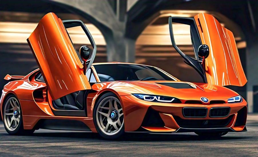 Render of an orange mid-engine BMW supercar with scissor doors based on the M1