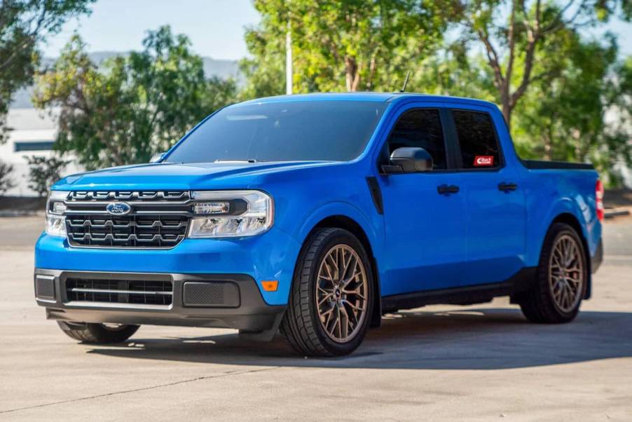 Lowered blue Ford Maverick.