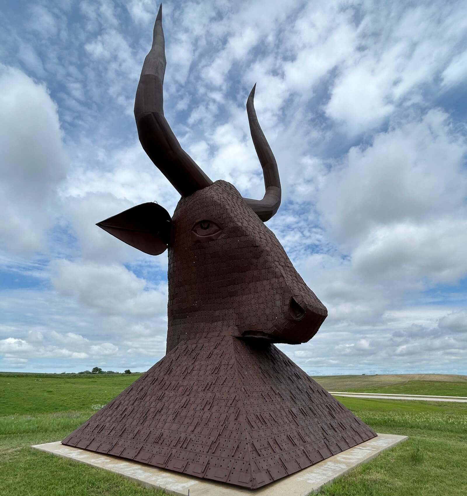 Wayne Porter's massive bull's head sculpture at the road trip stop known as the Porter Sculpture Park.