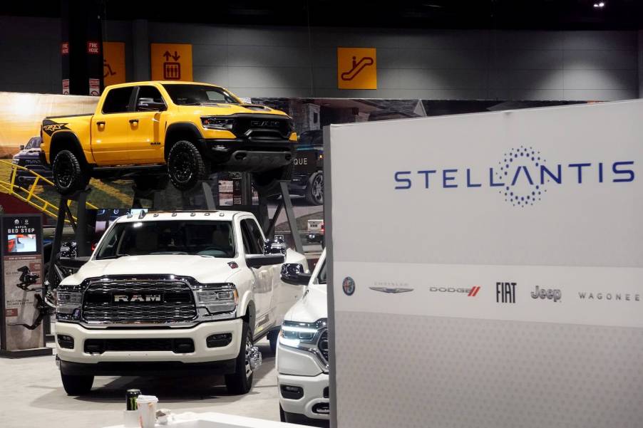 A Stellantis sign in front of Ram trucks at the Chicago Auto Show