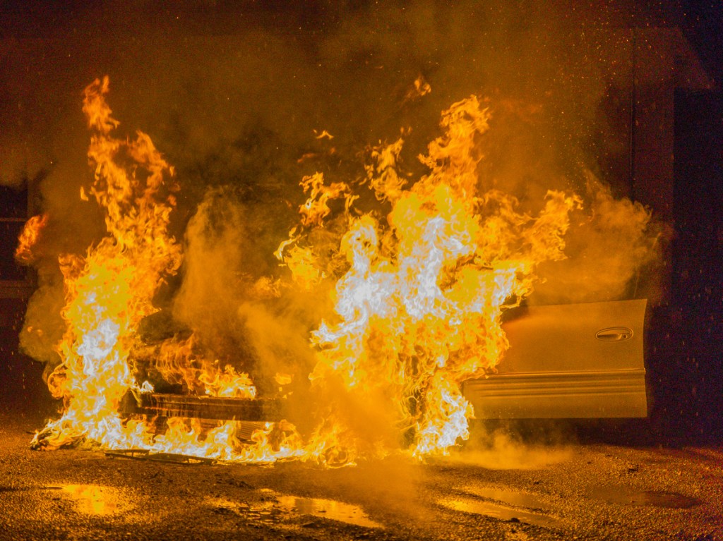 A car engulfed in flames