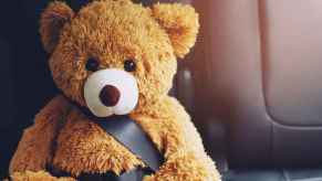 A teddy bear shown buckled into what is depicted as a hot car seat with the sun coming in the window in close view