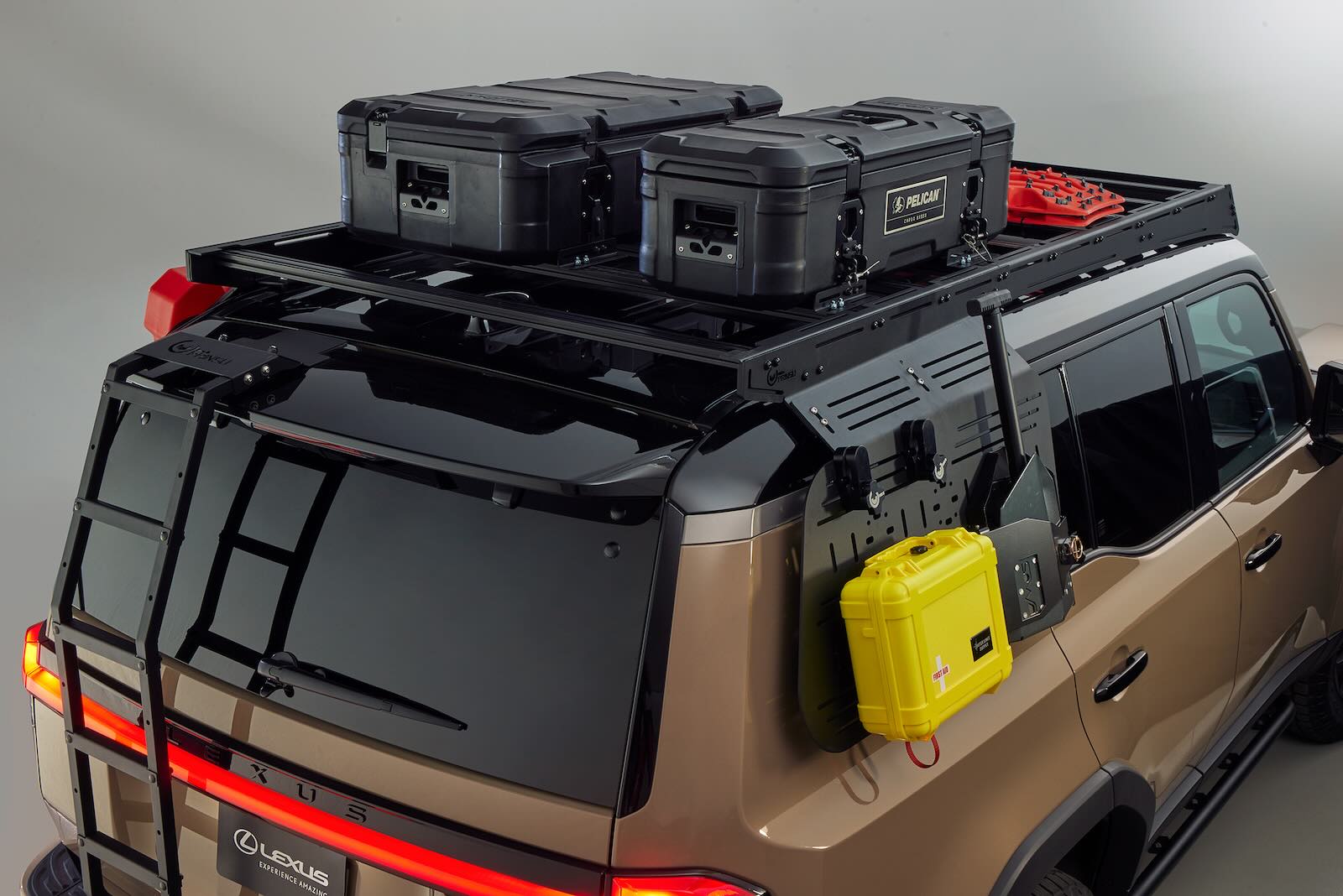 Off-road gear on the roofrack of a 2024 Lexus GX 'overtrail' SUV at the SEMA show.