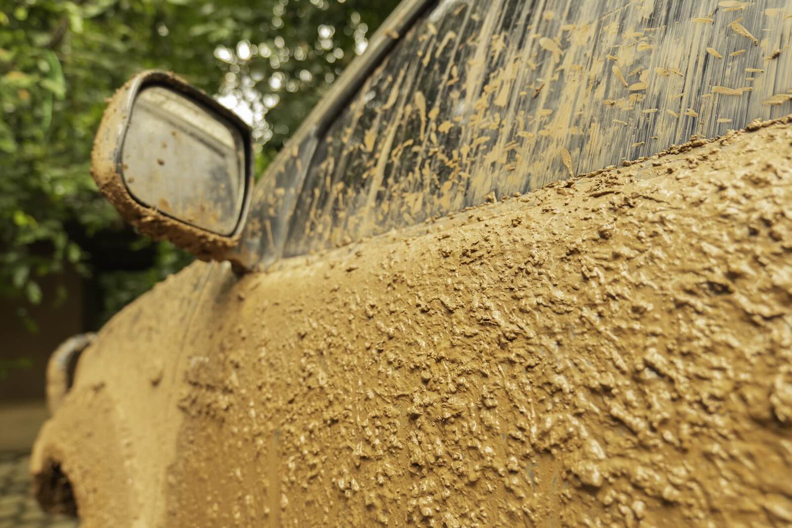 Car door coated with brown mud.