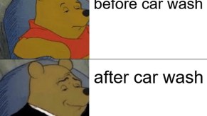 A "Winnie the Pooh tuxedo" driving meme with the text "before car wash" and "after car wash"