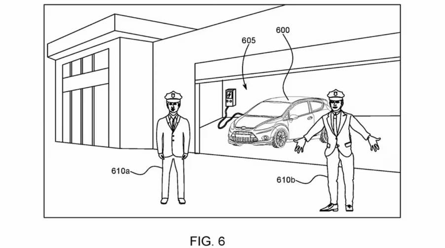 An illustration shows off fake cops projected by a future car in the Ford lineup.
