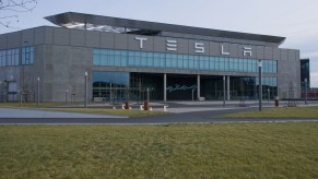 An exterior view of a Tesla Gigafactory building in Berlin, Germany