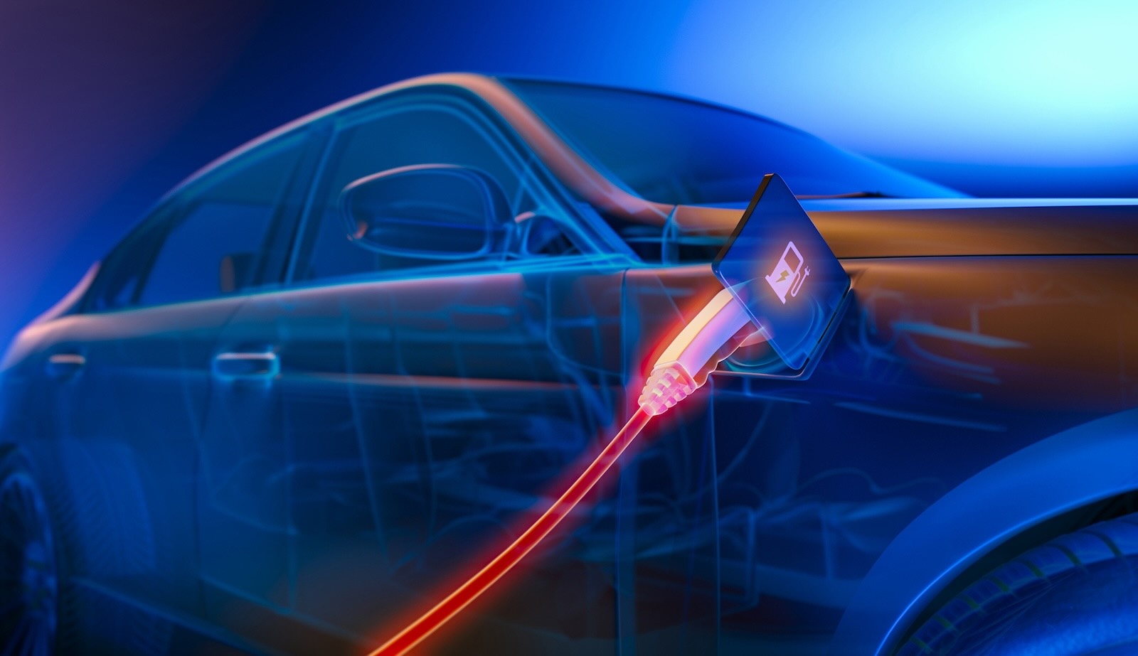 Computer graphic of an EV charging cable in a car with a range-extender.