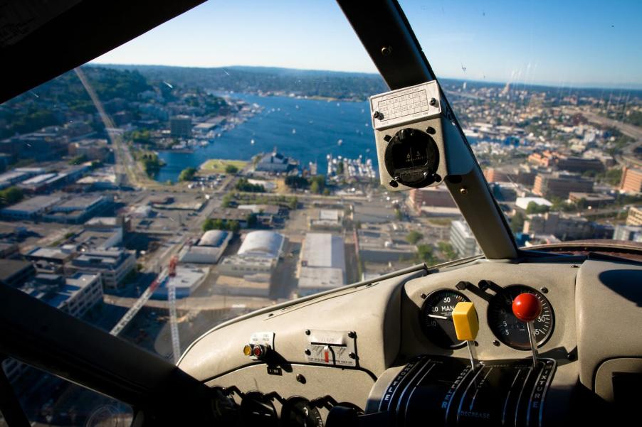 View of Seattle from the cockpit of an airplane coming in for a landing.