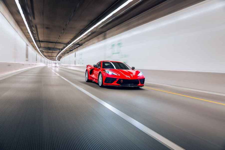 A red Chevrolet Corvette driving in a tunnel the car is considered one of the deadliest cars in the U.S. according to data shared in 2024