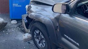 A Toyota Tacoma operated by a drunk driver in Santa Rosa, California after crashing into a grocery store in September 2023 damage to front end