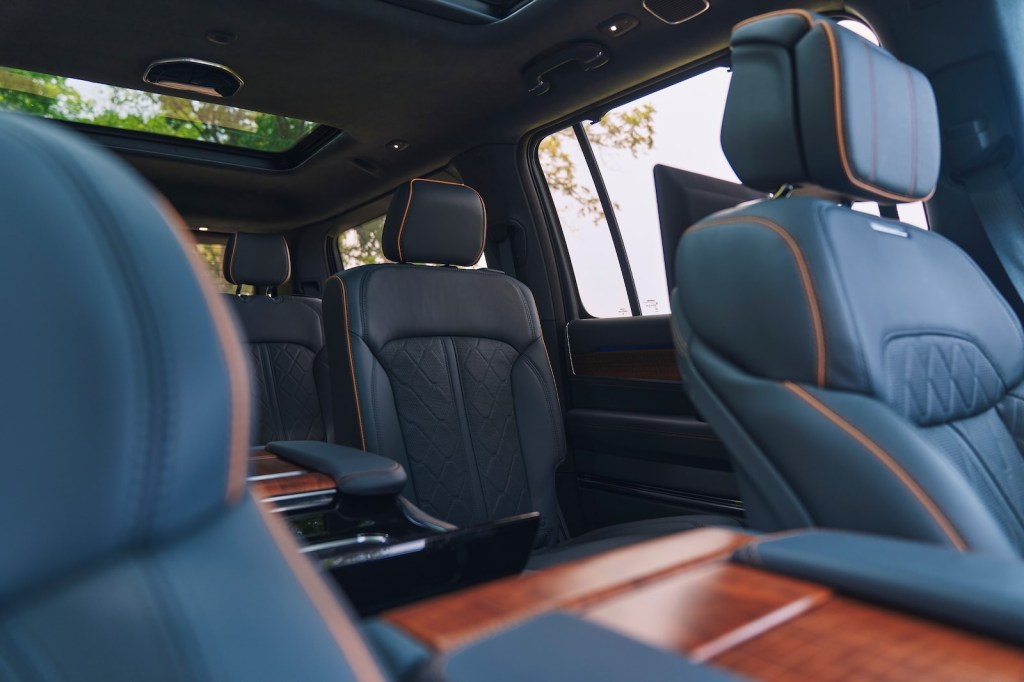 The agave blue leather seats in a 2024 Jeep Grand Wagoneer interior