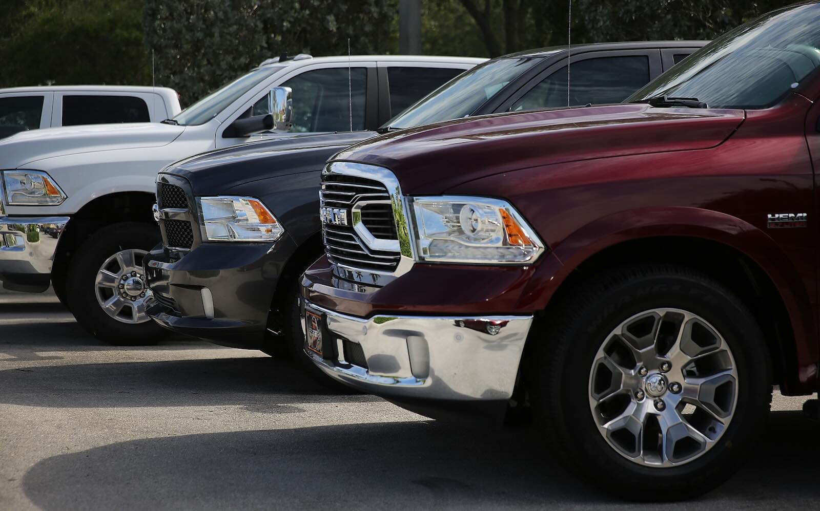 Used Ram 1500 pickup trucks from the 2018 model year for sale on a lot