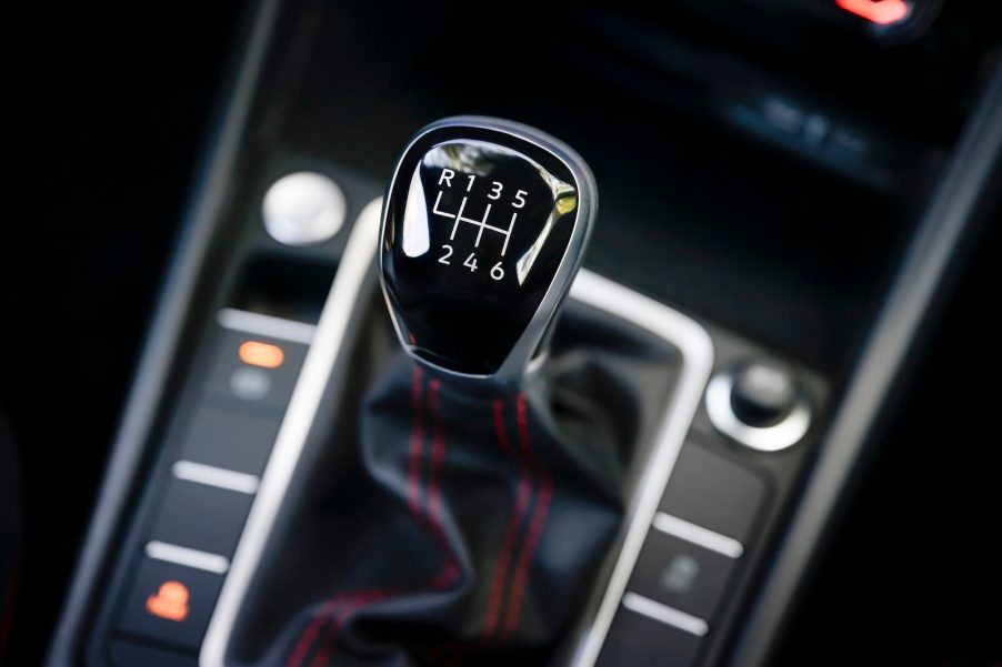 Gearshift lever in a manual transmission Volkswagen Jetta GLI sports sedan.