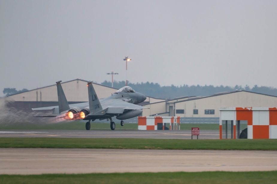 An F-15 Strike Eagle takes off at RAF Lakenheath, one of the bases visited by mystery drones in November.