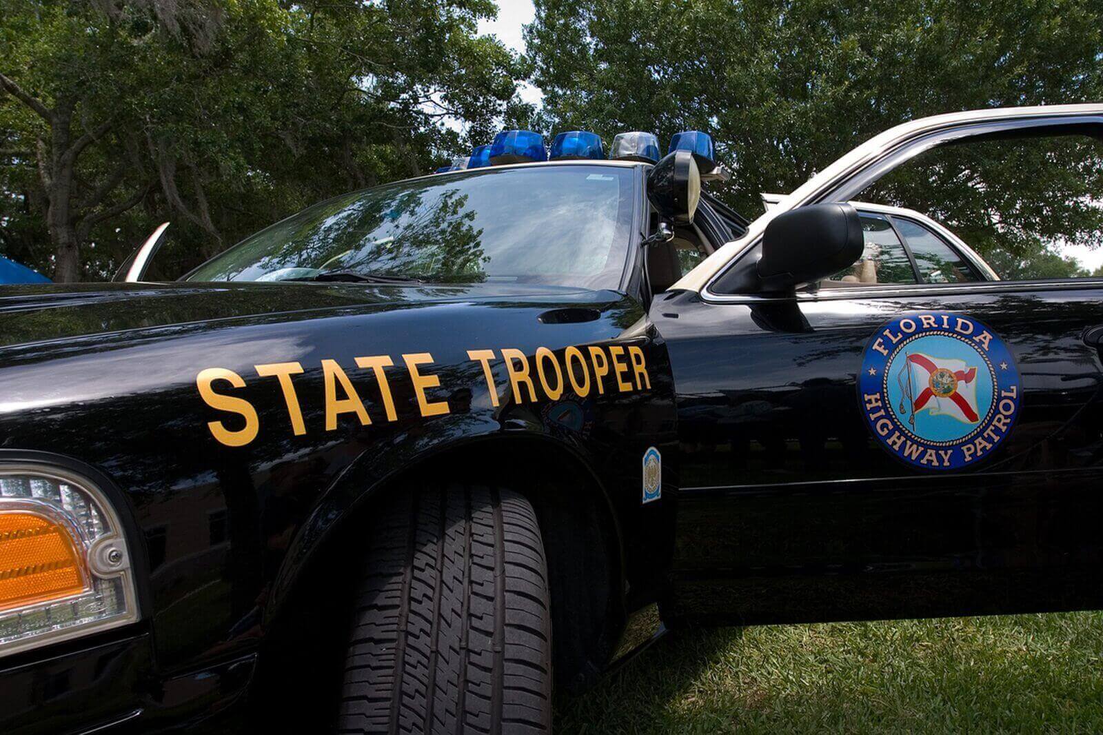 A FHP state trooper's police car after a pursuit in Florida.