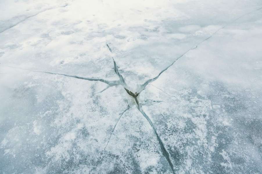 Close up of cracked winter ice.