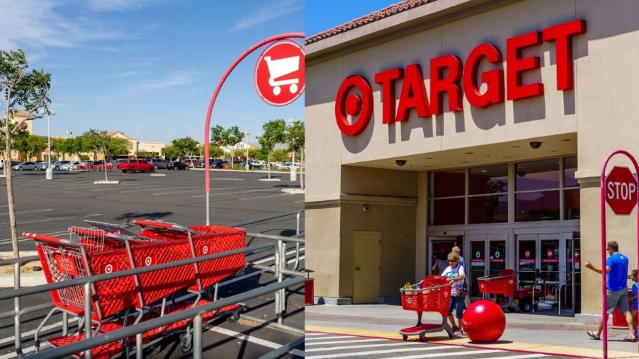 A Target shopping cart corral pictured on the left and a Target storefront pictured on the right