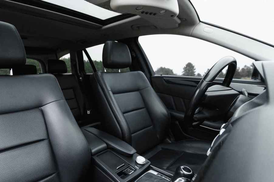 The black interior of a car from right front angle view