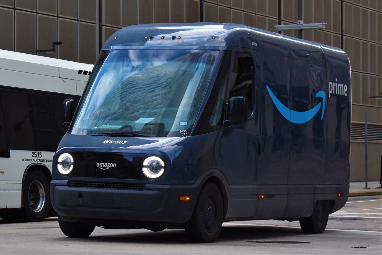 An Amazon delivery van in the city