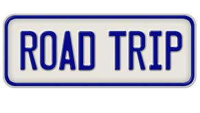 Vanity license plate with 'road trip' written
