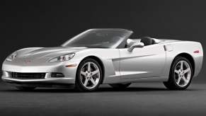 A silver 2005 Chevrolet Corvette parked in full front left angle view