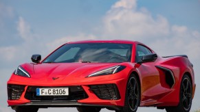 A red 2021 Chevrolet Corvette C8 parked in left front angle view