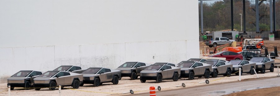 Row of Cybertrucks parked outside the Tesla gigafactory in Texas