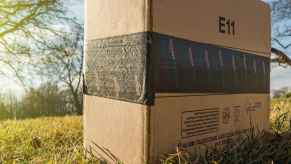 An Amazon package sitting in the sunlight on a bed of grass