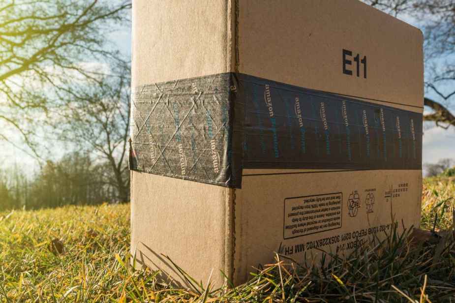 An Amazon package sitting in the sunlight on a bed of grass