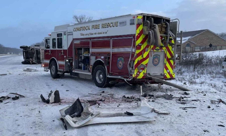 Fire truck after semi collided with it on snowy Michigan highway