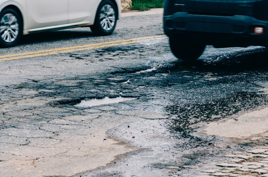 Large pothole in the middle of the road in a highway in Minas Gerais, Brazil