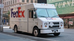 A FedEx truck in the city