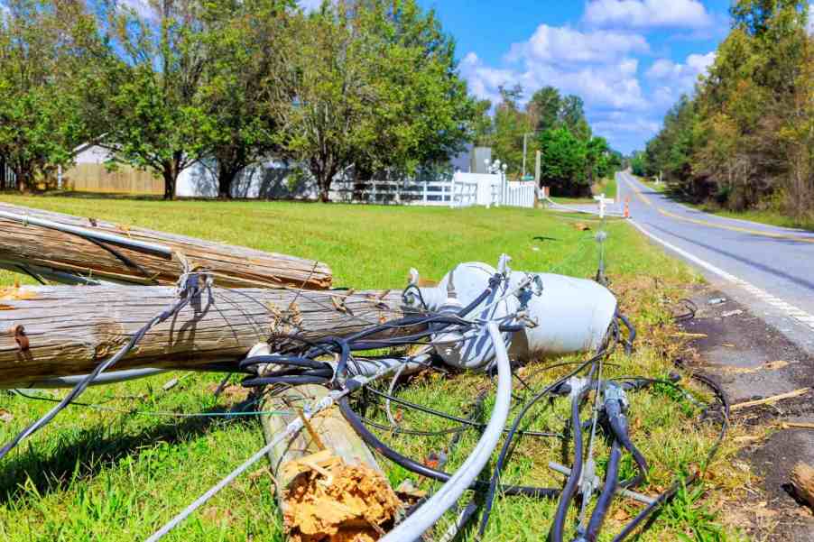 A downed powerline in a suburban neighborhood